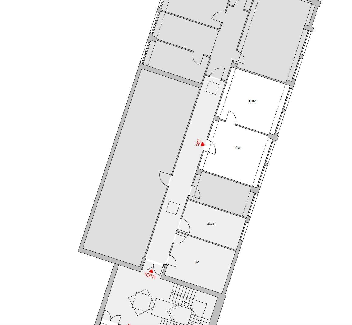 Grundriss mit Büroräumen, Küche, WC und einem Treppenhausbereich.