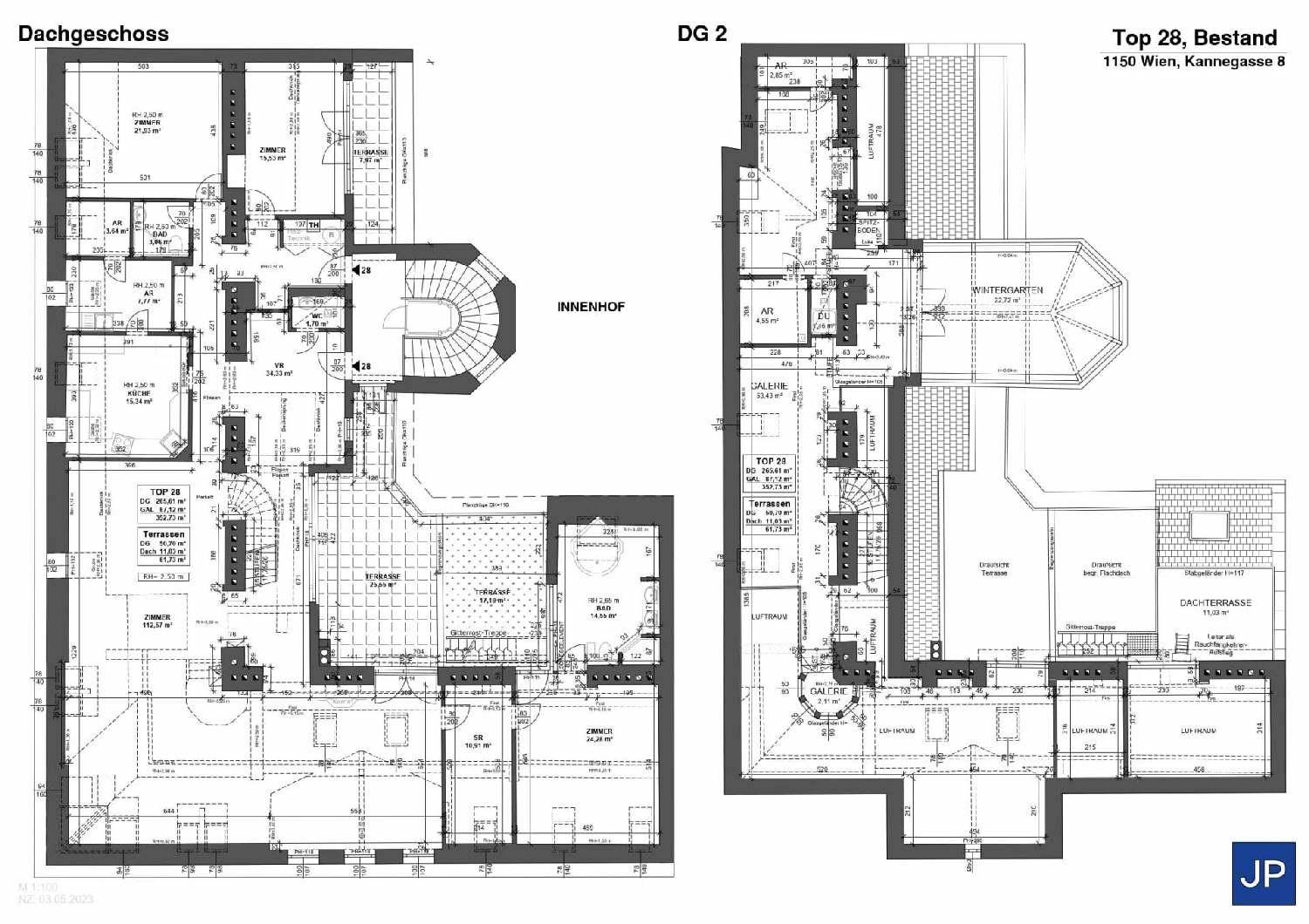 Detaillierter Grundriss des Dachgeschosses mit verschiedenen Wohnbereichen und Terrassen.