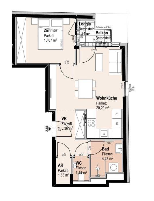 Grundriss einer Wohnung mit offenem Wohn-Essbereich, separatem Schlafzimmer, Bad, WC, Loggia und Balkon.