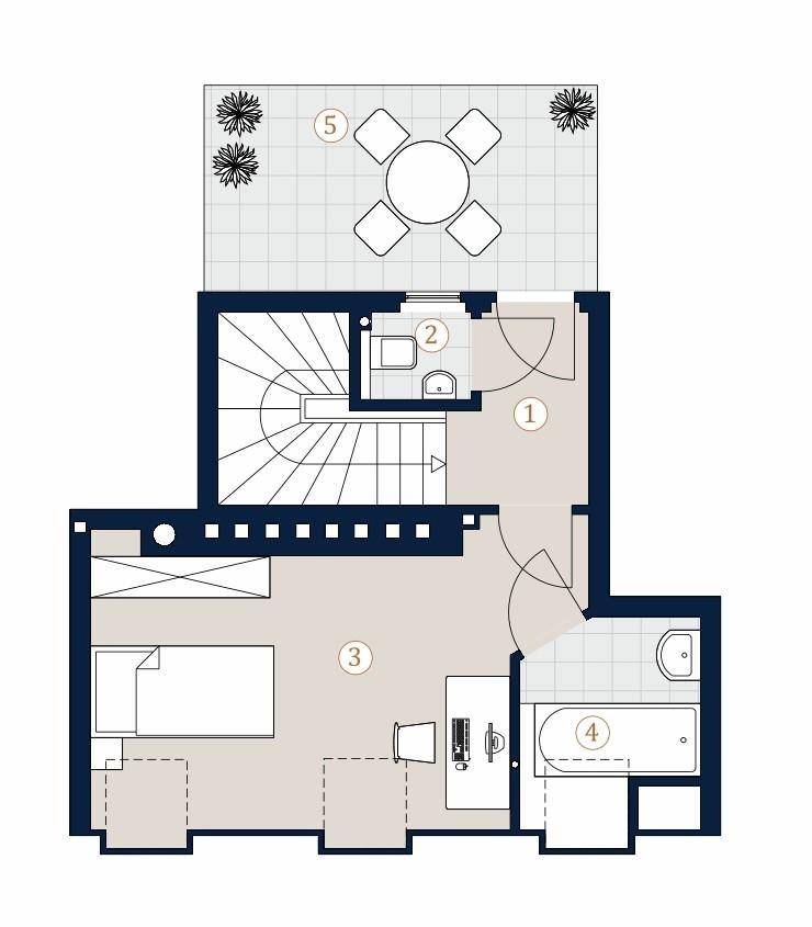 Grundriss des oberen Geschosses mit Schlafzimmer, Badezimmer, WC und einer großen Terrasse.