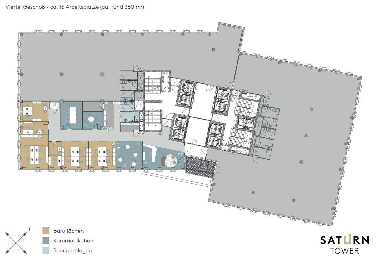 Grundriss eines Viertelgeschosses mit Büros, Kommunikationsbereichen und Sanitäranlagen.