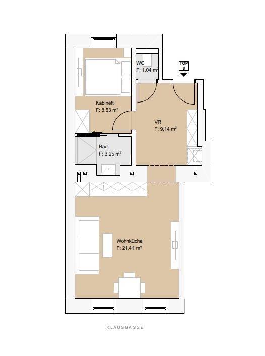 Grundriss der Wohnung mit Wohnküche, Kabinett, Bad und WC.