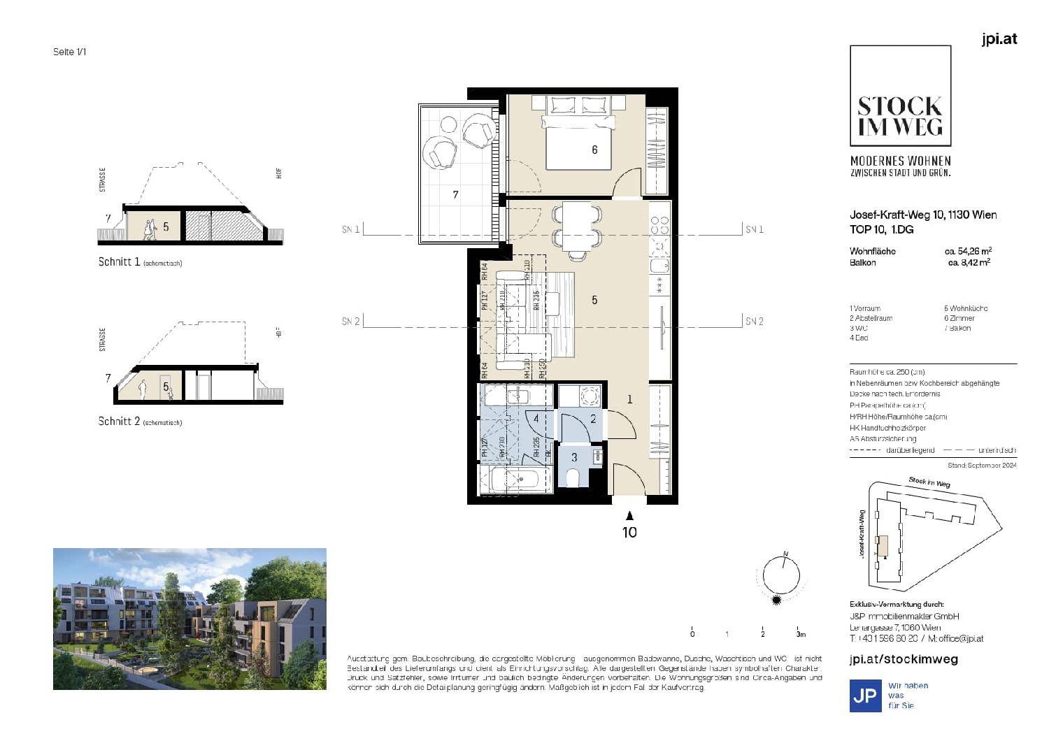 Detaillierter Grundriss einer Wohnung mit einem Schlafzimmer, offenem Wohnbereich und Balkon.