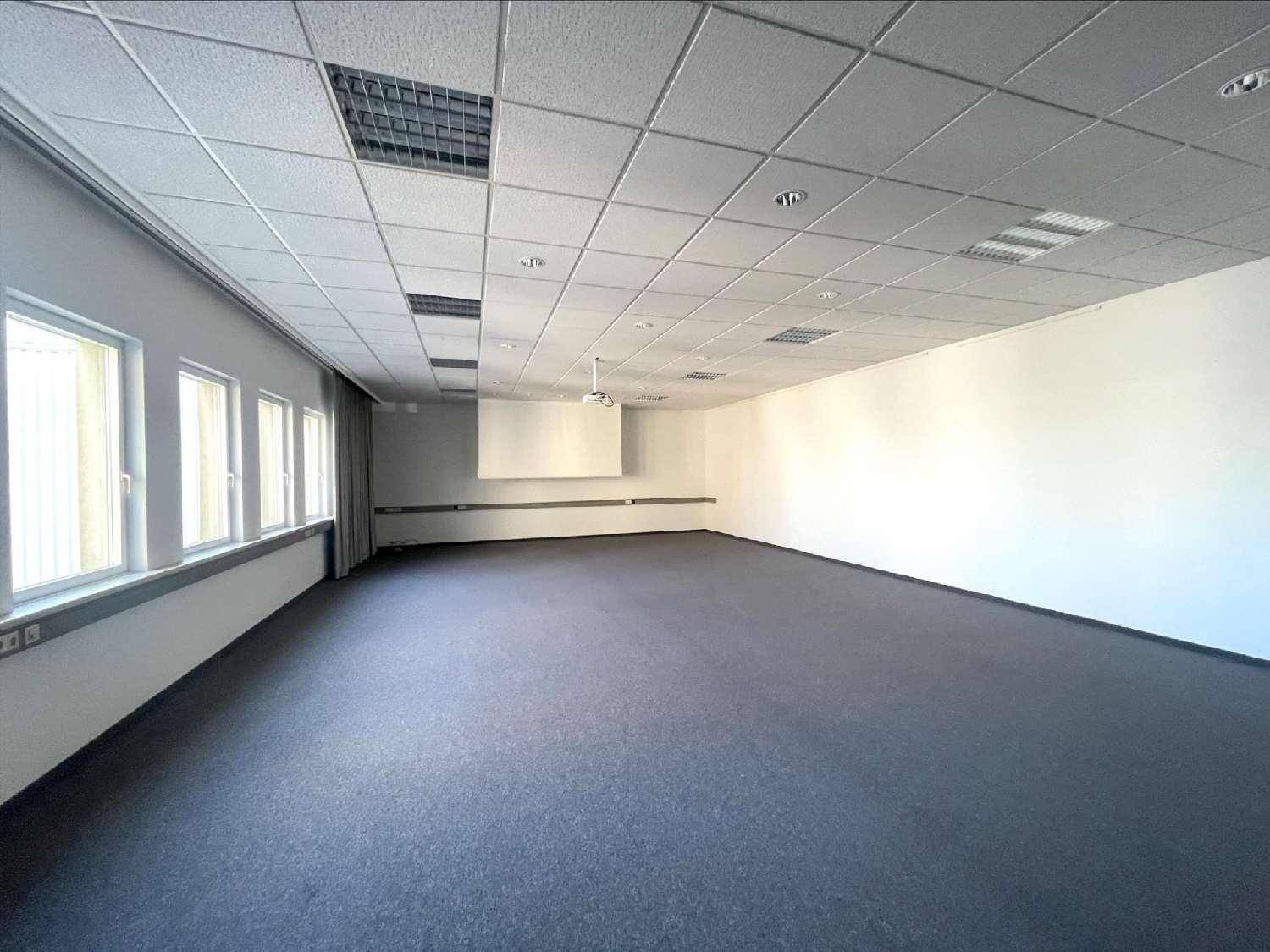 Großer Konferenzraum mit dunklem Teppichboden, abgehängter Decke und Projektor.