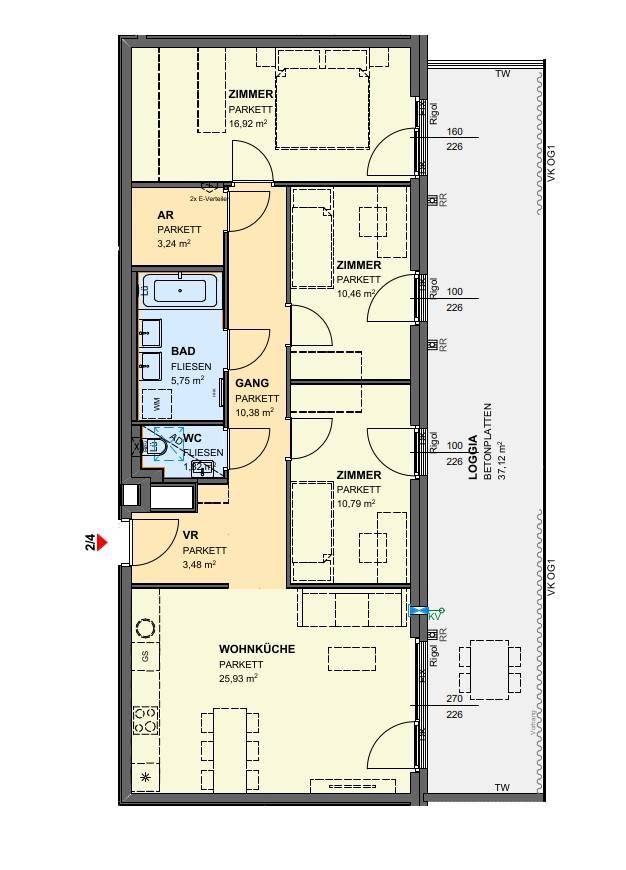 Grundriss einer Wohnung mit Wohnküche, drei Zimmern, Bad, WC und Loggia.