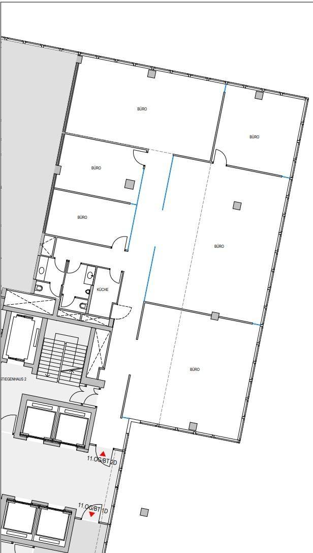 Grundrissplan einer Büroetage mit mehreren Einzelbüros, einer Teeküche und Sanitäranlagen.