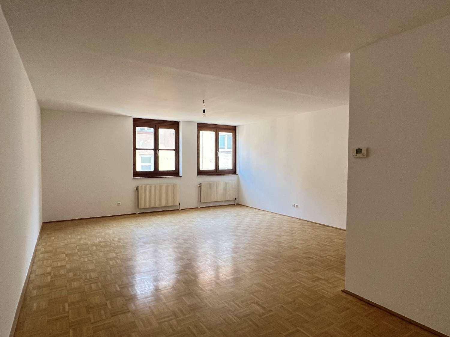 Geräumiges Wohnzimmer mit Parkettboden und zwei Fenstern, die viel Tageslicht hereinlassen.