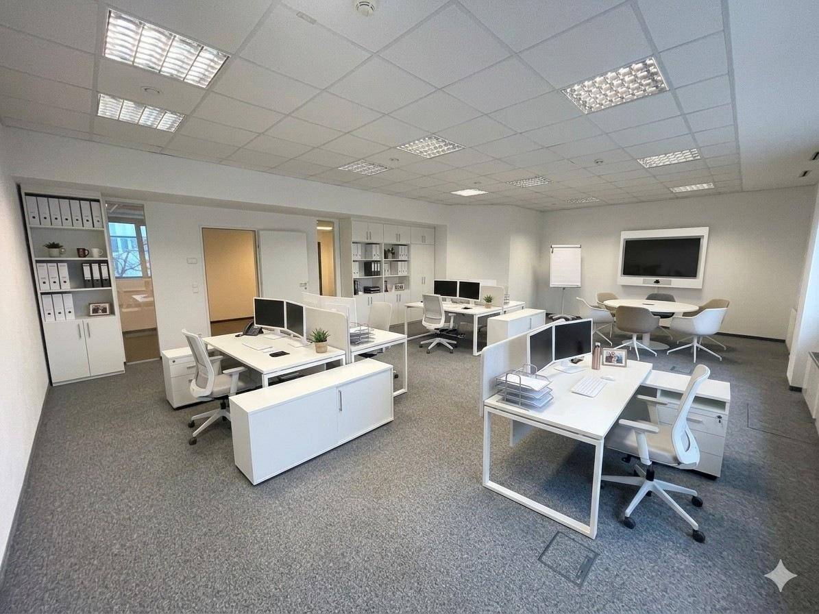Modernes Büro mit mehreren Arbeitsplätzen, einem Besprechungsbereich und heller Beleuchtung, ideal für Erstbezug.