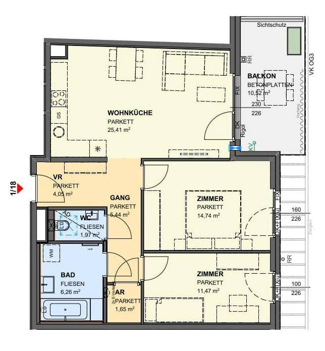 Grundriss einer Wohnung mit Wohnküche, zwei Zimmern, Bad, separatem WC und Balkon.