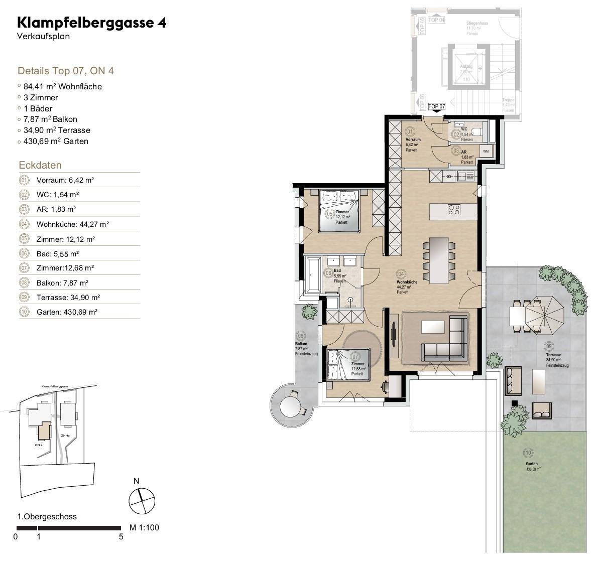Detaillierter Verkaufsplan einer Wohnung mit Wohnflächenangaben, Balkon, Terrasse und Garten.