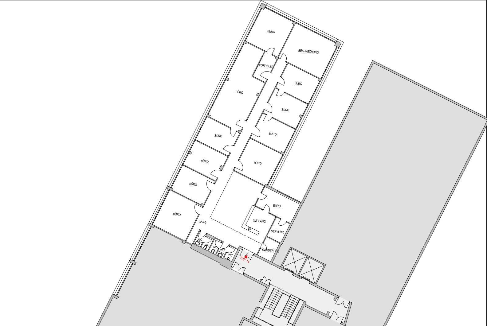 Grundriss eines langen Büroflügels mit vielen Einzelbüros, Empfangsbereich, Sanitäranlagen und Treppenhaus.