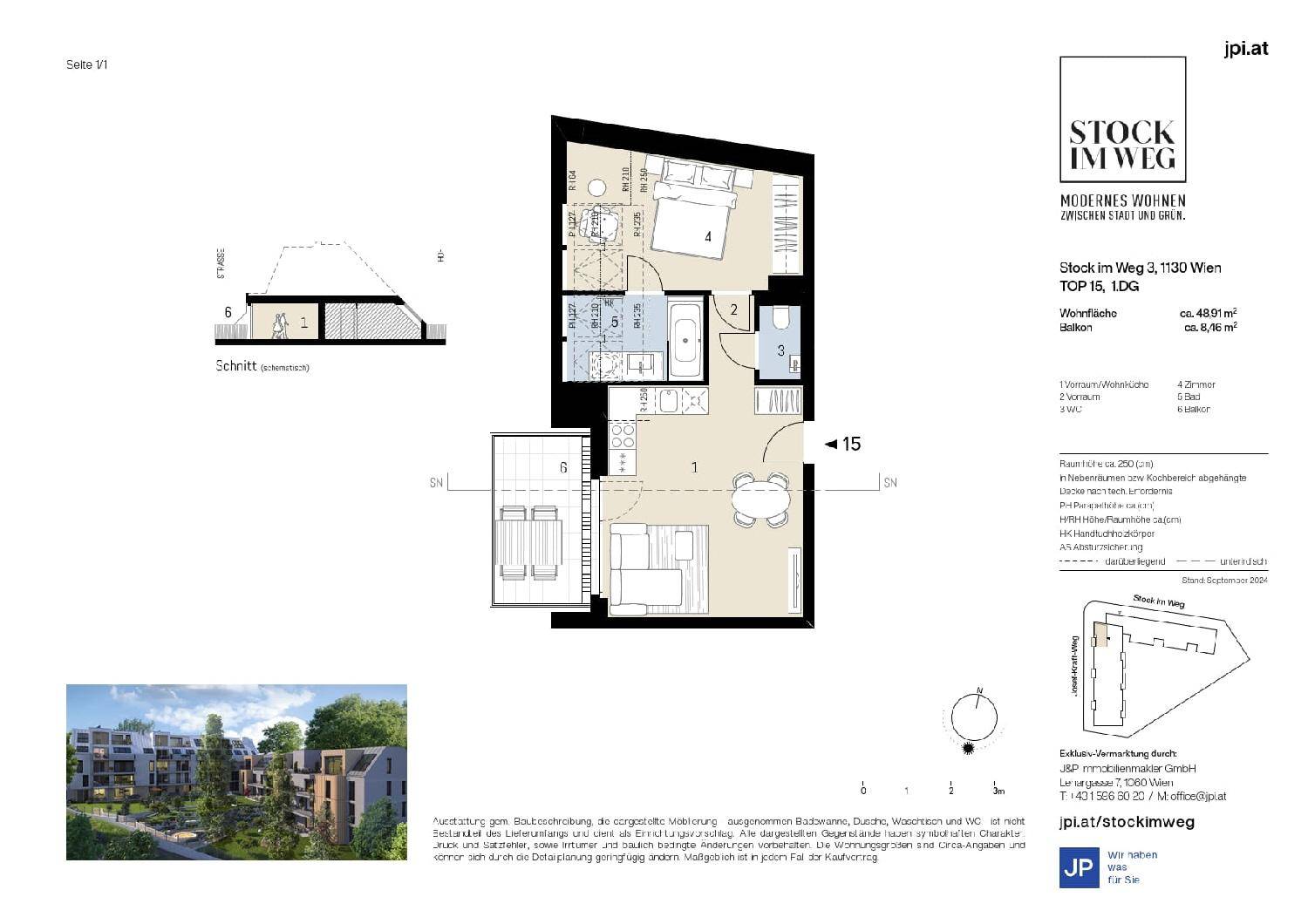Detaillierter Grundriss einer Wohnung mit Balkon und separatem Schlafzimmer.