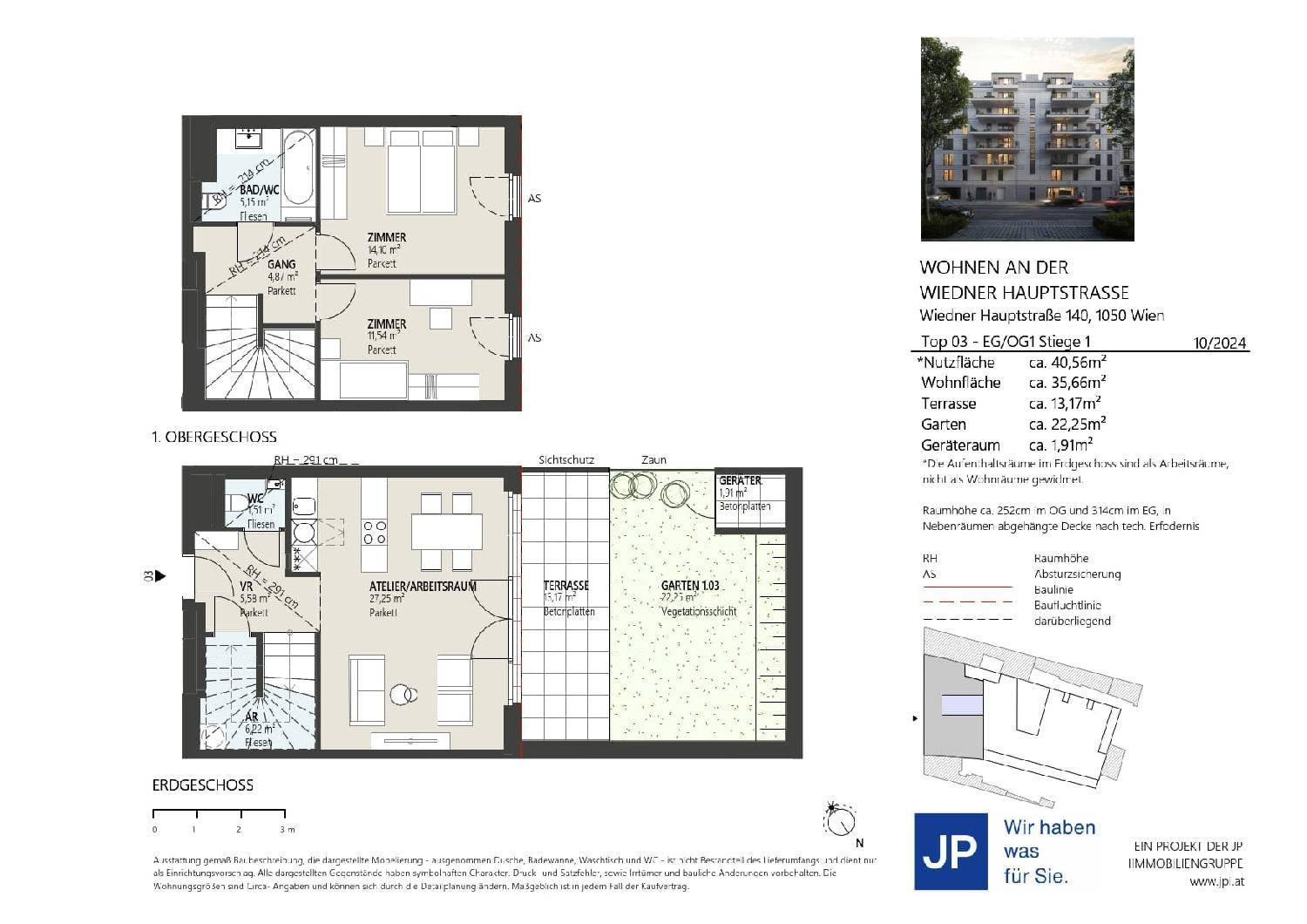Detaillierter Grundriss einer Wohnung mit zwei Etagen, Terrasse und Garten.