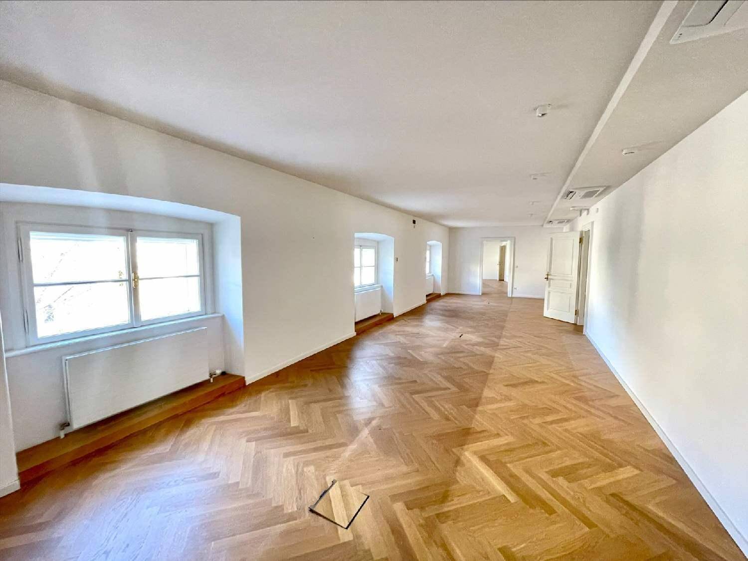 Heller Raum mit Fischgrätparkett und mehreren Fenstern, ideal für Büros.