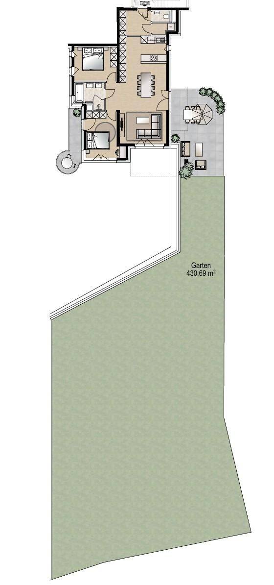 Grundriss einer Wohnung mit großem Gartenbereich, Terrasse und Balkon.