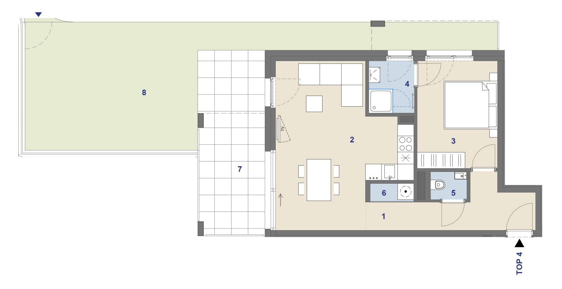 Grundriss einer Wohnung mit offenem Wohnbereich, Schlafzimmer, Bad und großer Terrasse.