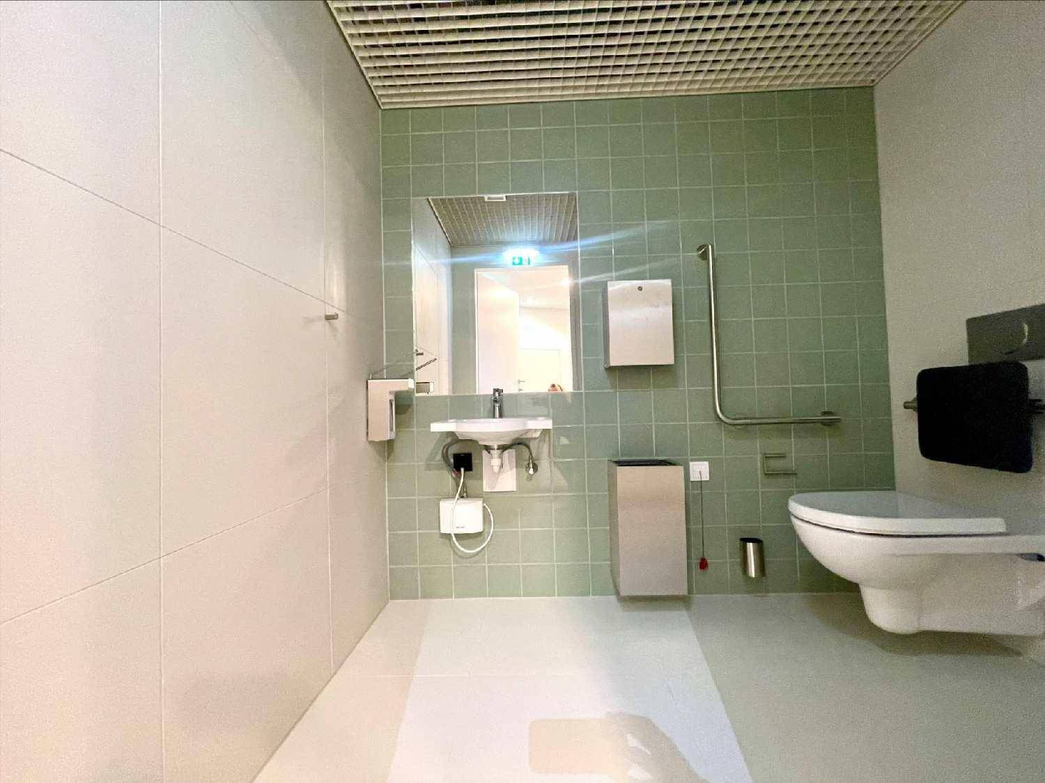 Barrierefreier Toilettenraum mit Haltegriffen, wandhängendem WC und Waschbecken, ausgestattet für Komfort.
