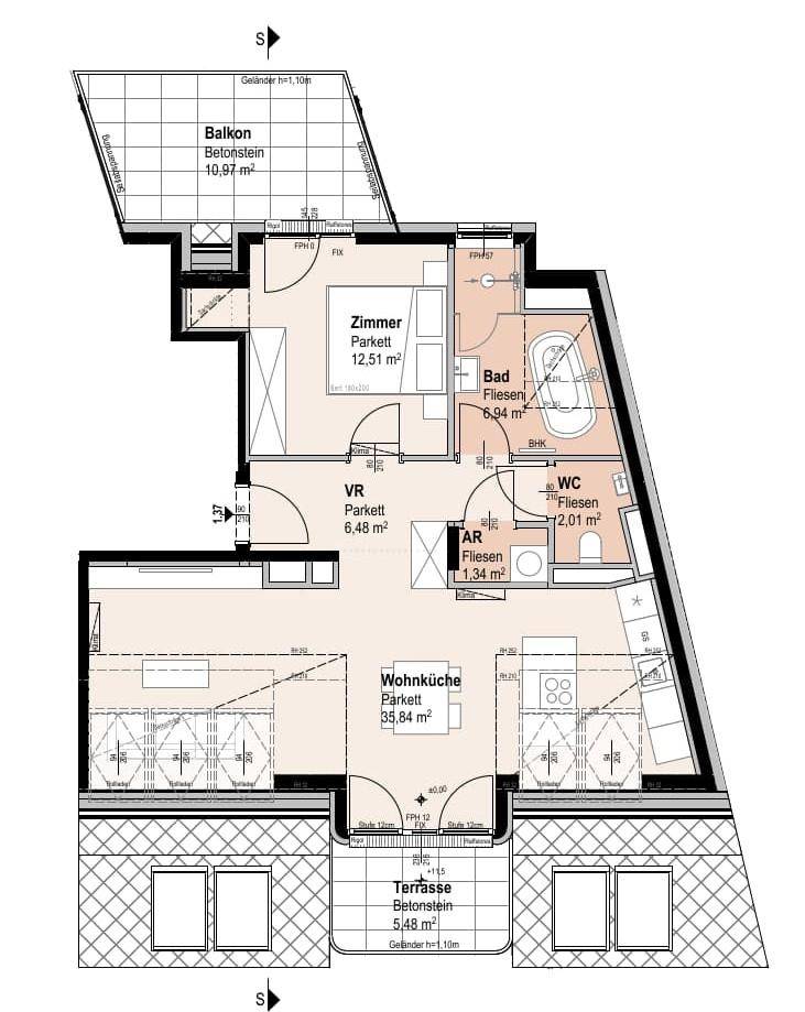 Grundriss einer Wohnung mit Wohnküche, Schlafzimmer, Bad, WC, Balkon und Terrasse.