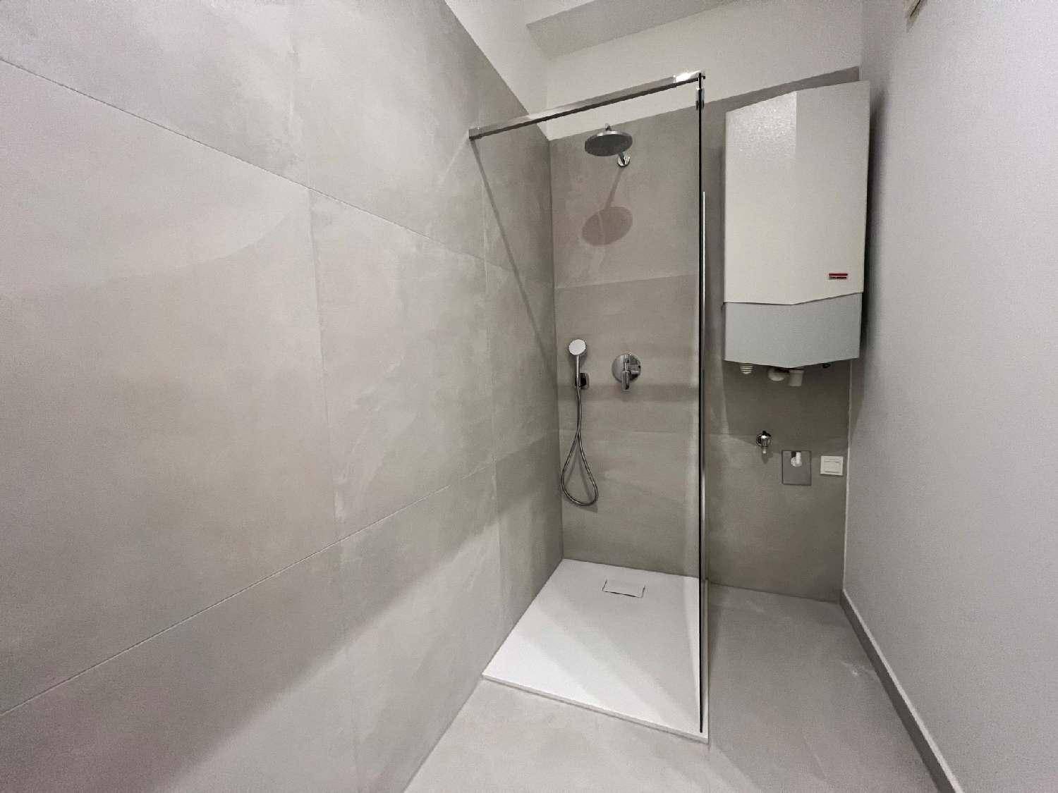 Modernes Badezimmer mit grauen Fliesen, einer begehbaren Dusche und einem Warmwasserbereiter.