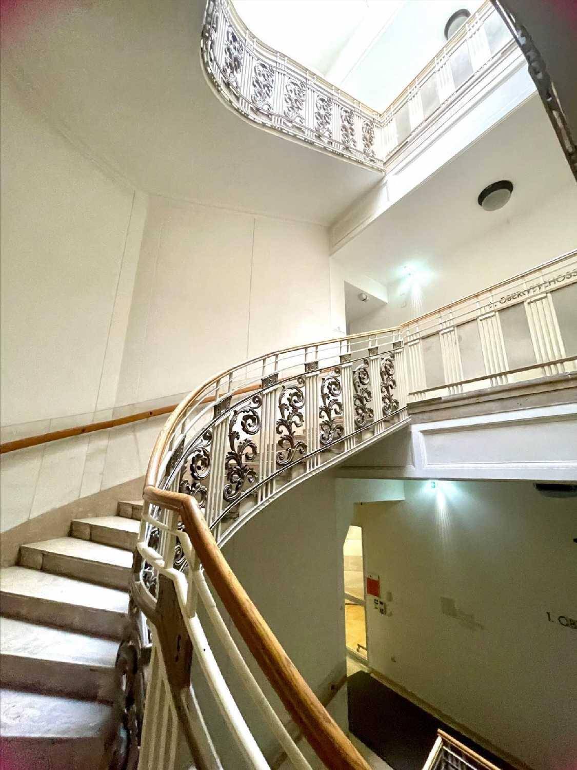 Elegantes Treppenhaus mit Marmorstufen, kunstvollem Geländer und Holzhandlauf in einem Altbau.
