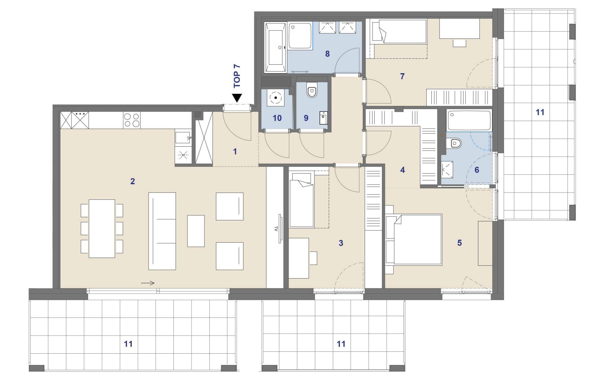 Detaillierter Grundriss einer Wohnung mit mehreren Zimmern, Bädern und großzügigen Balkonen.