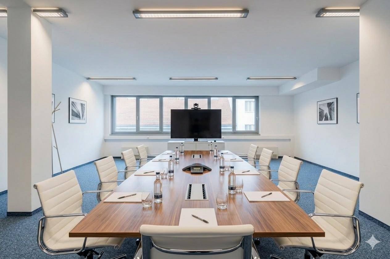 Geräumiger Konferenzraum mit langem Holztisch, bequemen Stühlen und großem Bildschirm für Präsentationen.