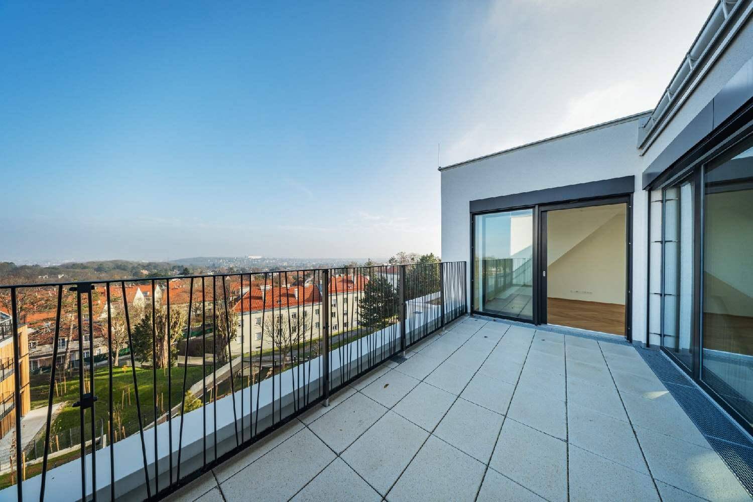 Geräumige Dachterrasse mit weitem Blick über die Stadt und die grüne Umgebung.