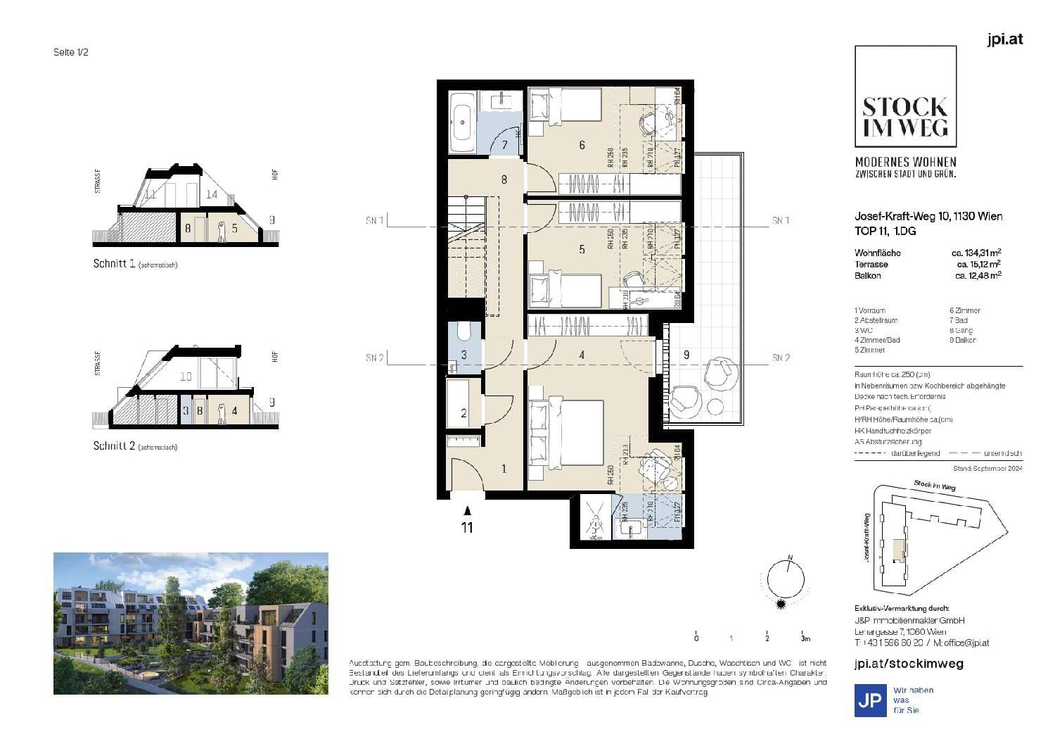 Grundrissplan einer Dachgeschosswohnung mit zwei Ebenen, Balkon und mehreren Zimmern.