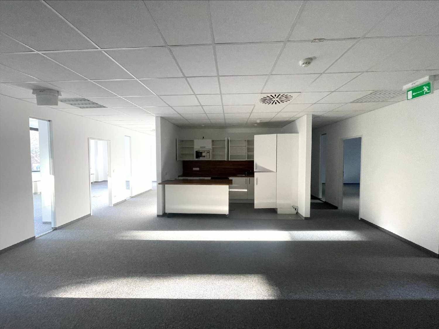 Offener Bürobereich mit integrierter Küchenzeile, Teppichboden und viel Tageslicht.