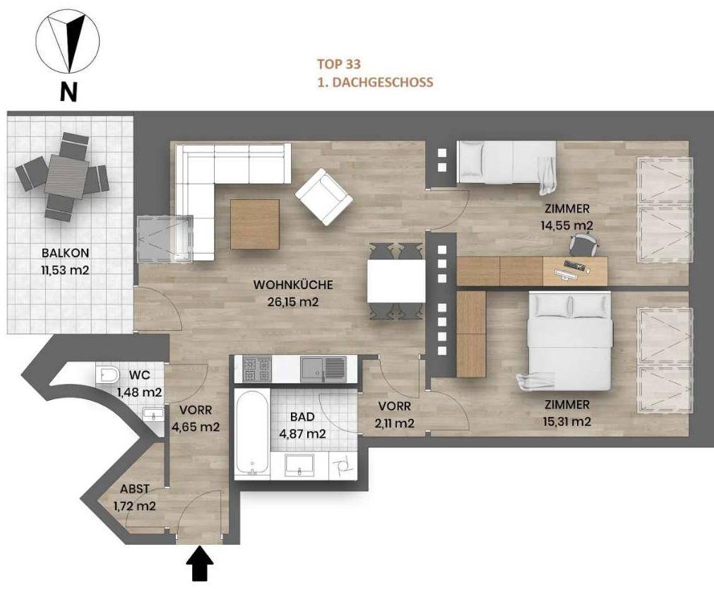 Grundriss der Dachgeschosswohnung mit Wohnküche, zwei Zimmern und Balkon.