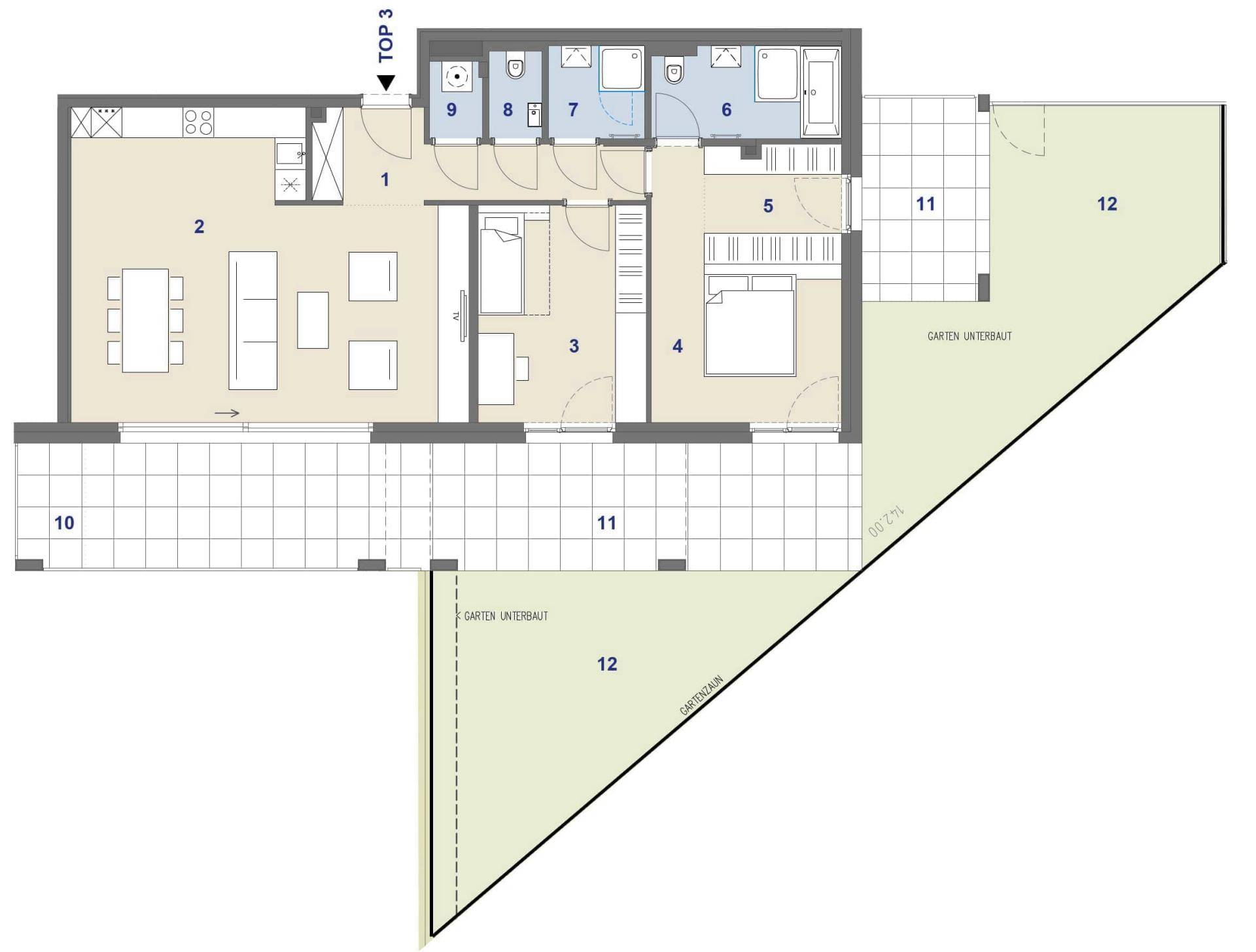 Grundriss einer Wohnung mit offenem Wohn-Essbereich, zwei Schlafzimmern, zwei Bädern, zwei Gäste-WCs, großer Terrasse und Garten.