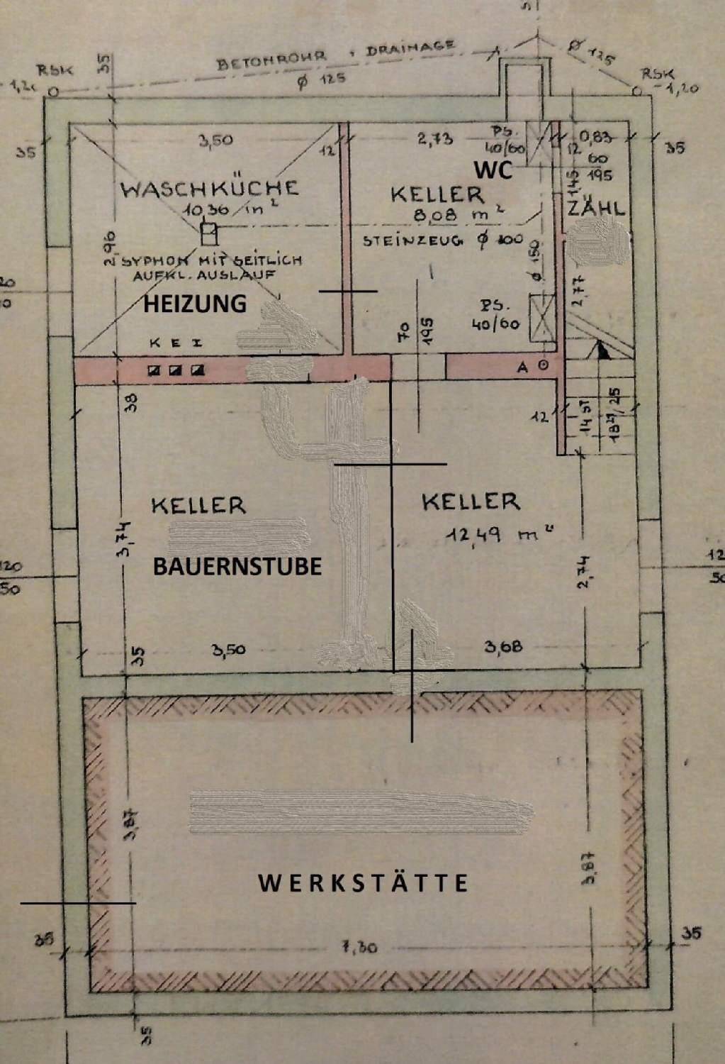 Grundriss des Kellers mit Waschküche, Kellerräumen, WC und einer Werkstätte.