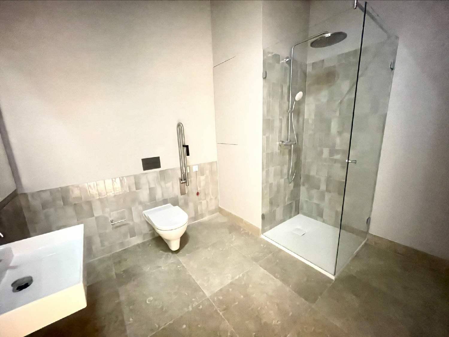 Modernes Badezimmer mit ebenerdiger Dusche, Wand-WC und Haltegriffen für Barrierefreiheit.