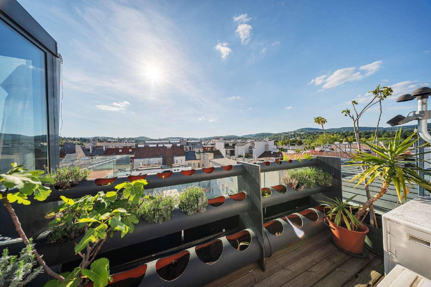 Dachterrasse mit vertikalem Garten, Pflanzen und Panoramablick über die Stadt.