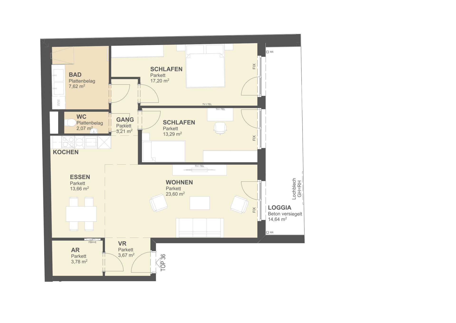 Grundriss einer Wohnung mit zwei Schlafzimmern, offenem Wohnbereich und Loggia.