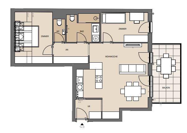 Grundriss einer Wohnung mit zwei Zimmern, offener Wohnküche und Balkon.