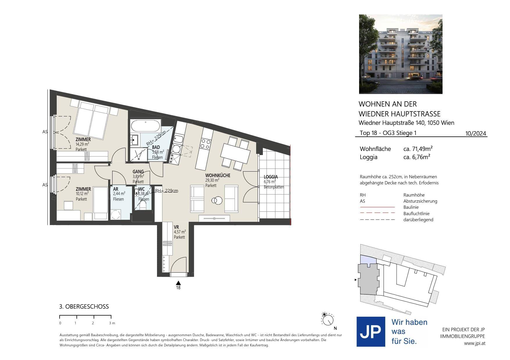 Grundriss einer Wohnung im 3. Obergeschoss mit Loggia, zwei Zimmern und offenem Wohnbereich.