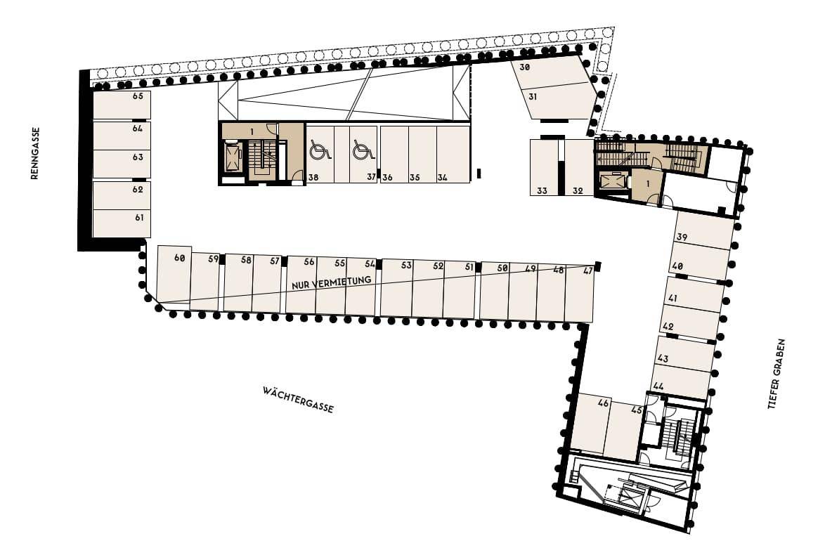 Grundrissplan einer Tiefgarage mit zahlreichen Stellplätzen und Zugängen.