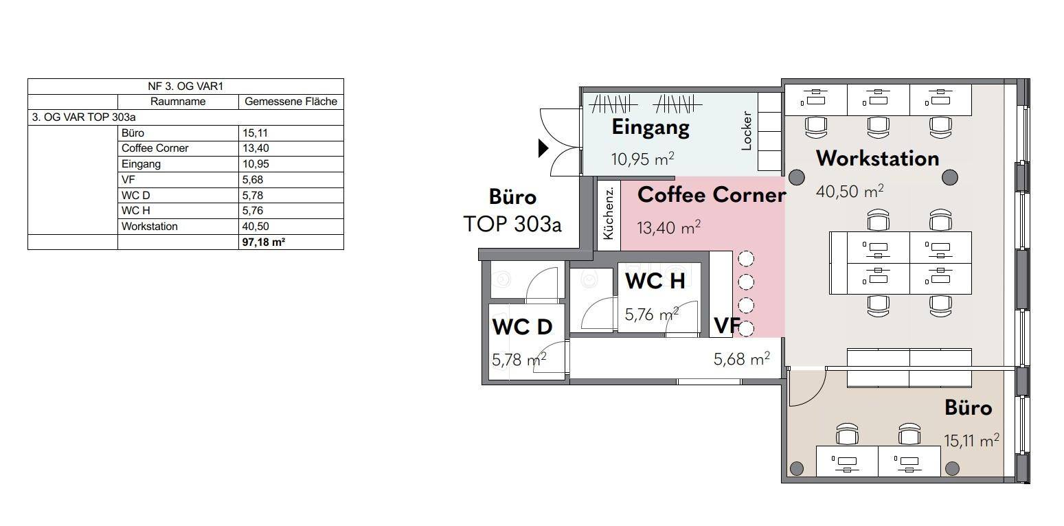 Detaillierter Grundriss einer Büroetage mit Workstations, Büros, Eingangsbereich und Sanitäranlagen.