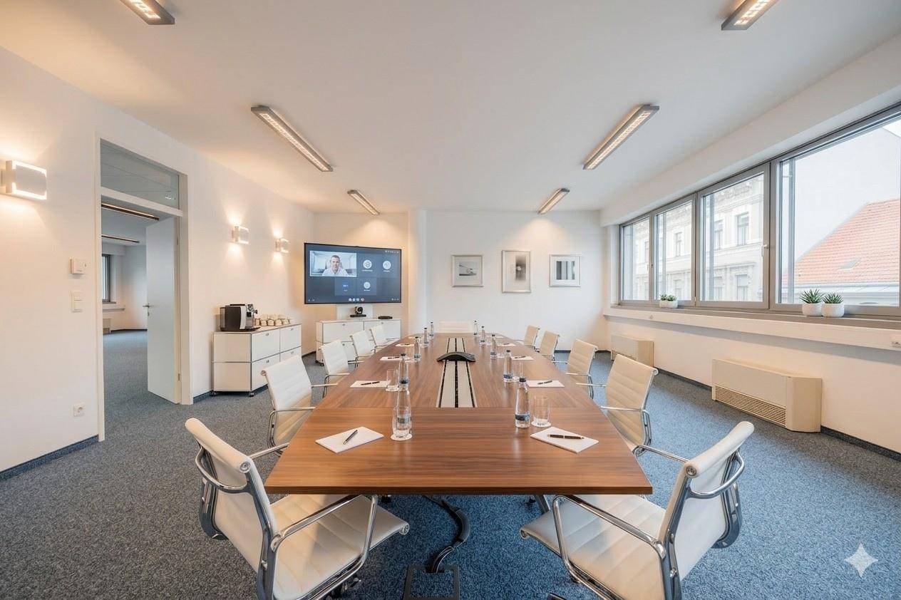 Moderner Konferenzraum mit großem Holztisch, bequemen Stühlen und Blick nach draußen.