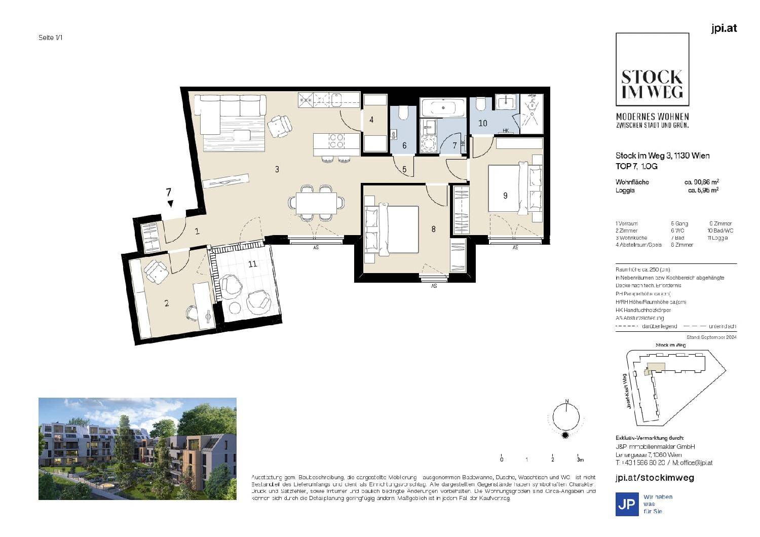 Detaillierter Grundriss einer Wohnung mit Loggia und offenem Wohnbereich.