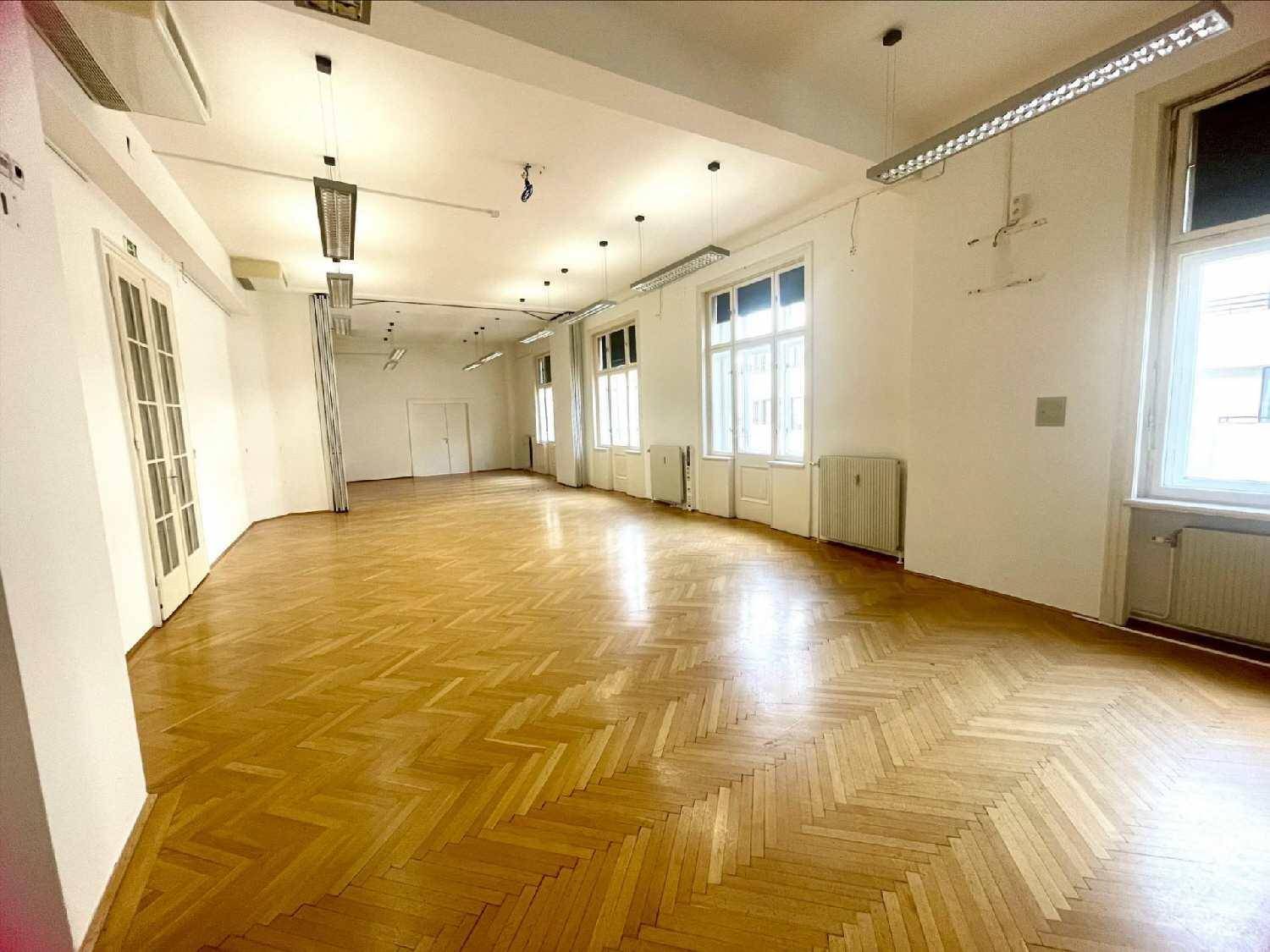 Geräumiges, helles Büro mit Fischgrätparkett, hohen Fenstern und moderner Deckenbeleuchtung.
