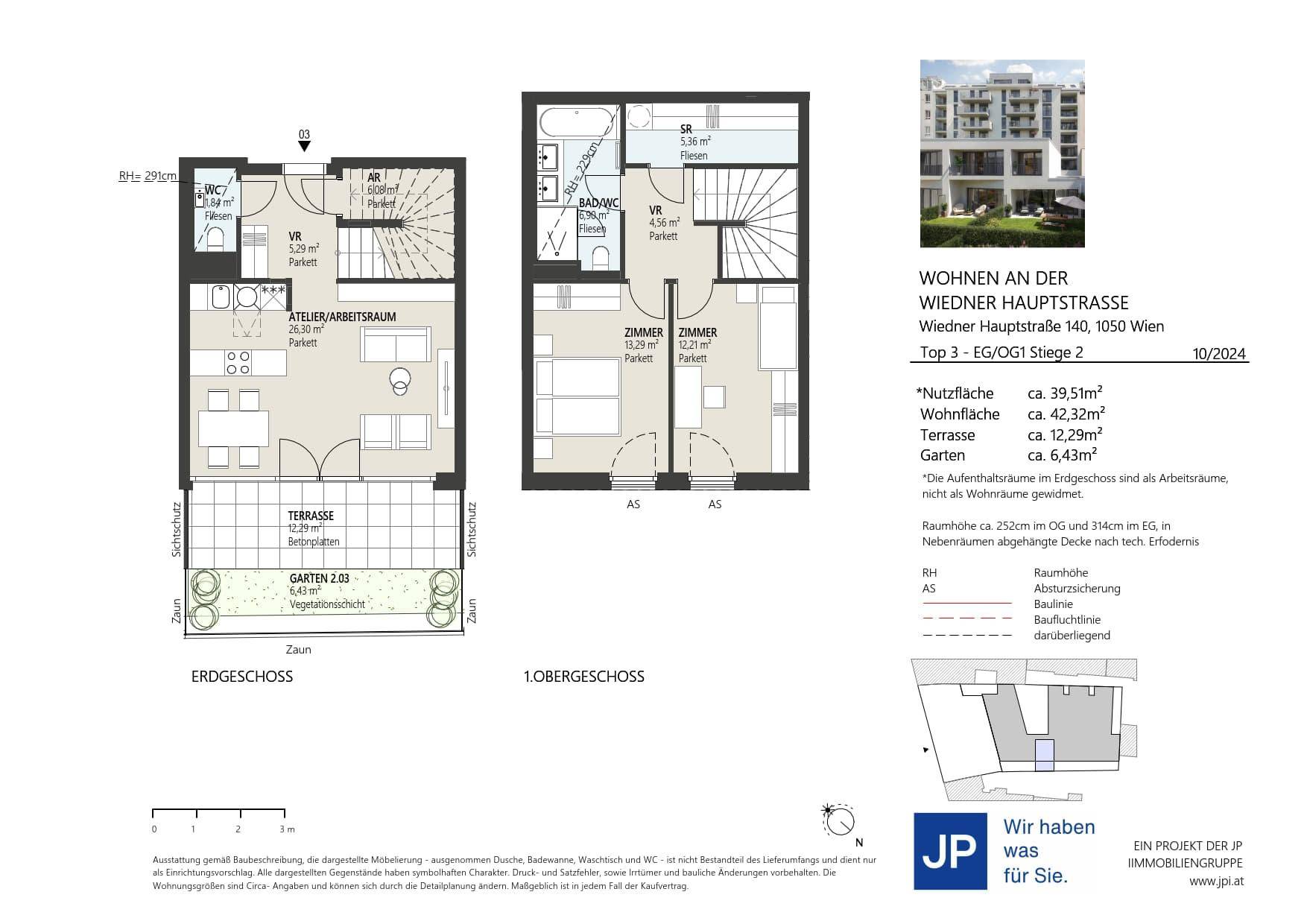 Detaillierter Grundriss einer Maisonette-Wohnung mit Garten, Terrasse und Balkon.