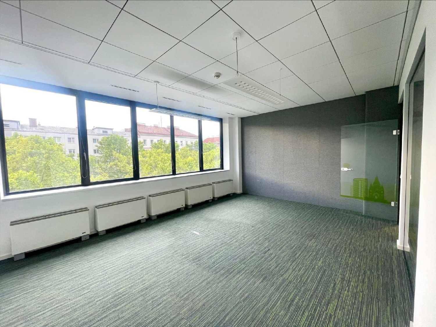 Helles Einzelbüro mit großen Fenstern, Teppichboden und Blick ins Grüne.