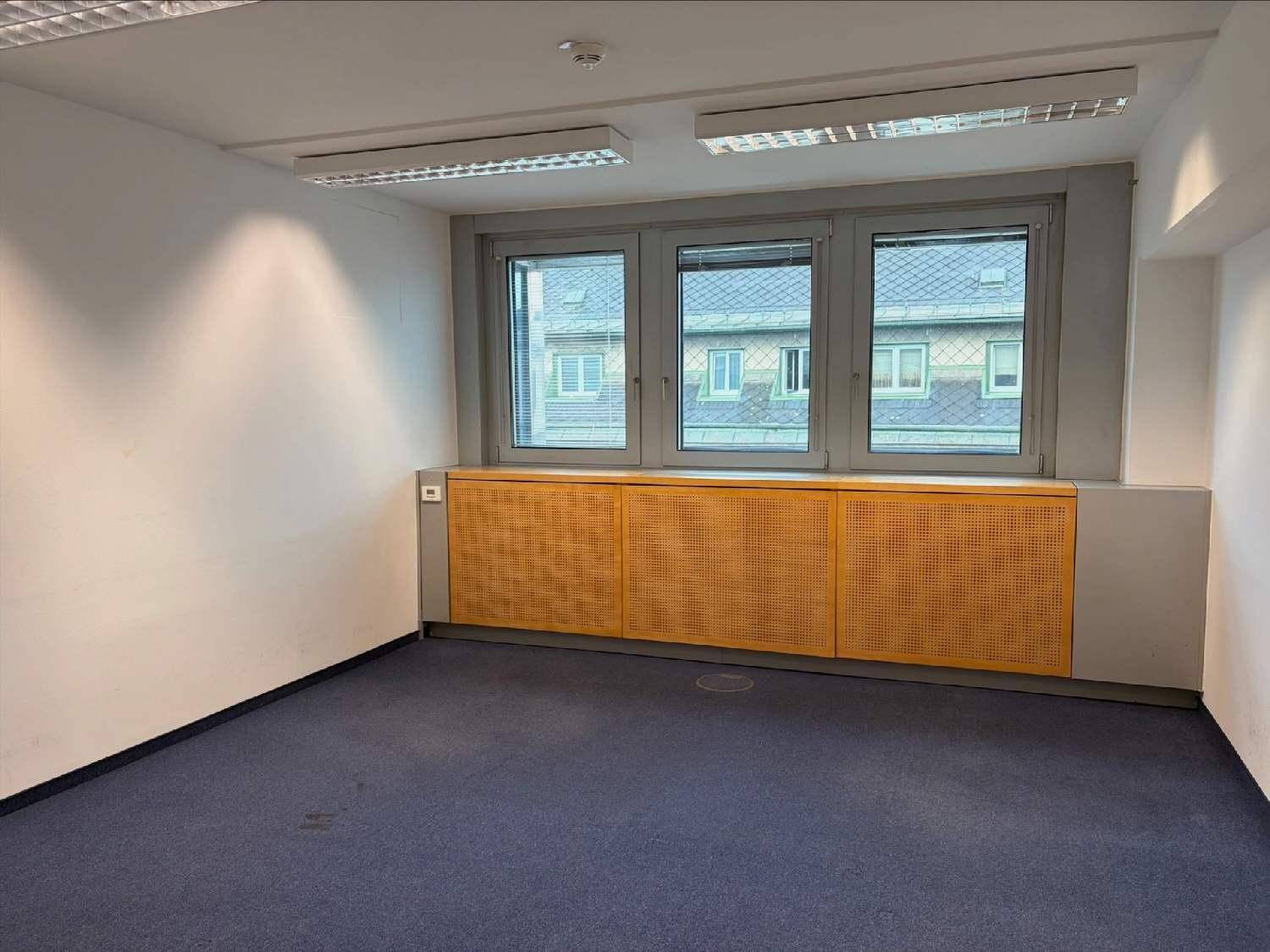 Kleineres Büro mit drei Fenstern, blauem Teppichboden und Holzverkleidungen unter den Fenstern.