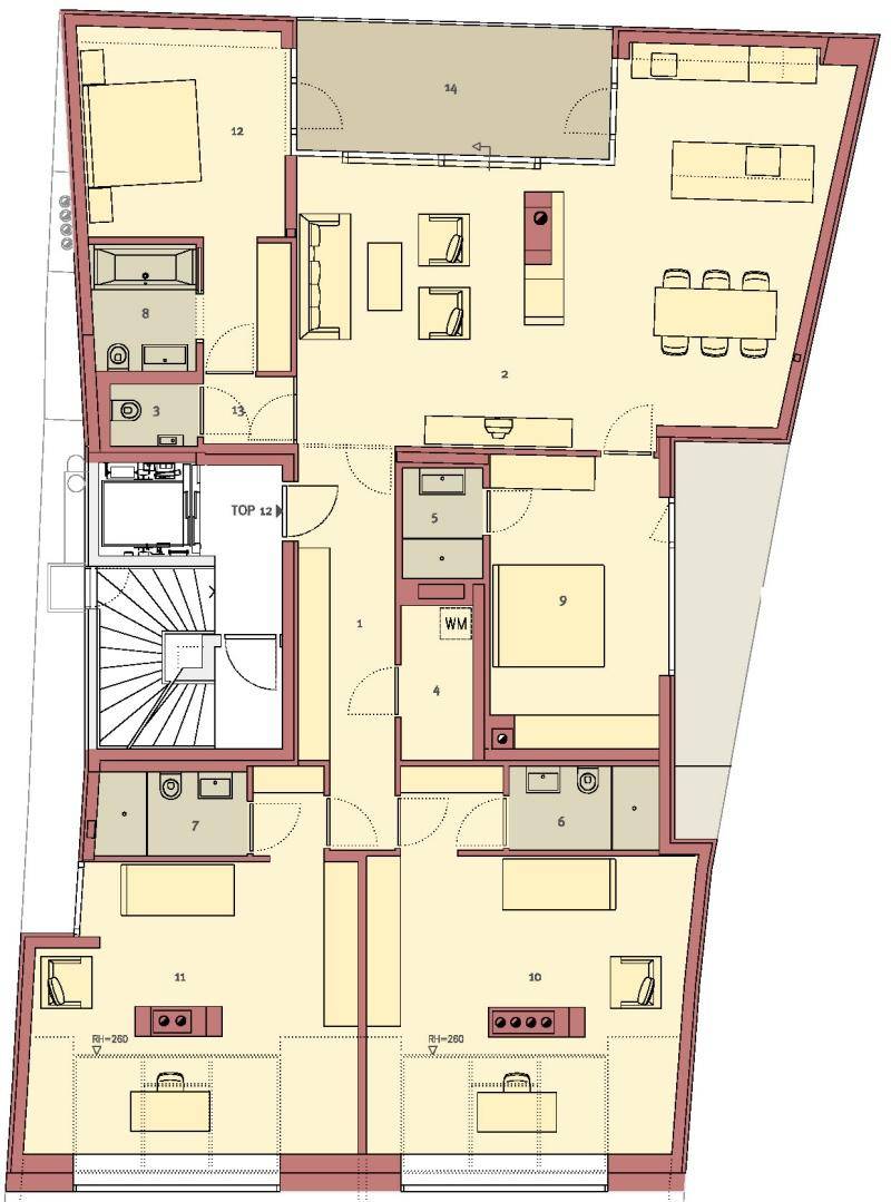 Detaillierter Grundriss einer Wohnung mit mehreren Zimmern, Treppe und Außenbereichen.