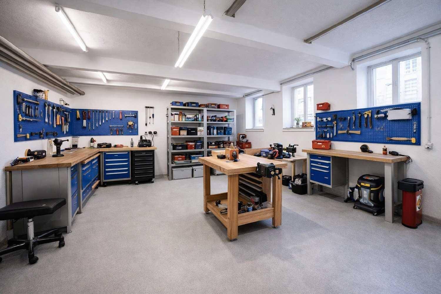 Gut ausgestattete Werkstatt mit blauen Lochwänden, verschiedenen Werkbänken und Werkzeugen für handwerkliche Arbeiten.