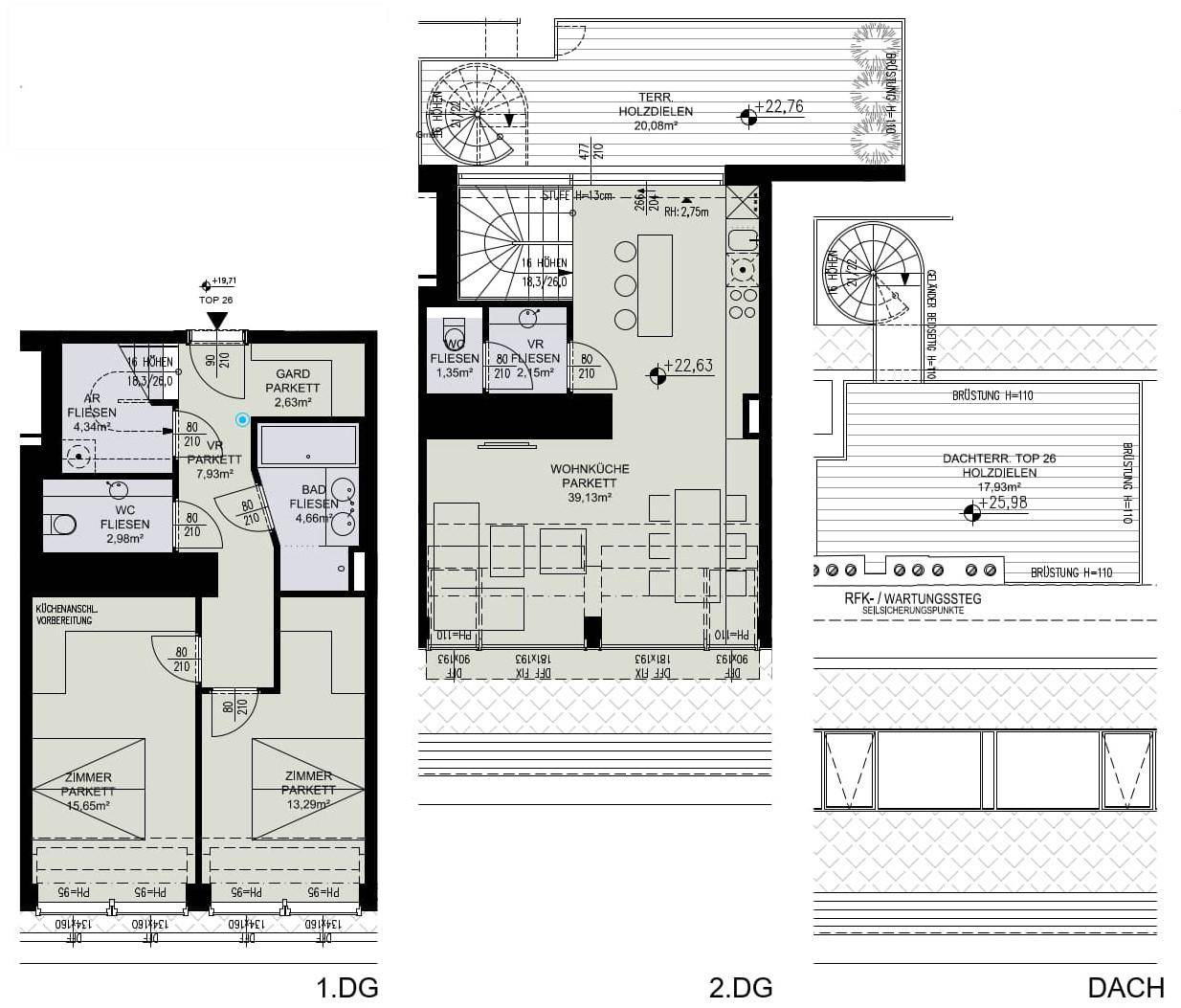Detaillierter Grundriss einer Maisonette-Wohnung mit Dachterrasse und offener Wohnküche.