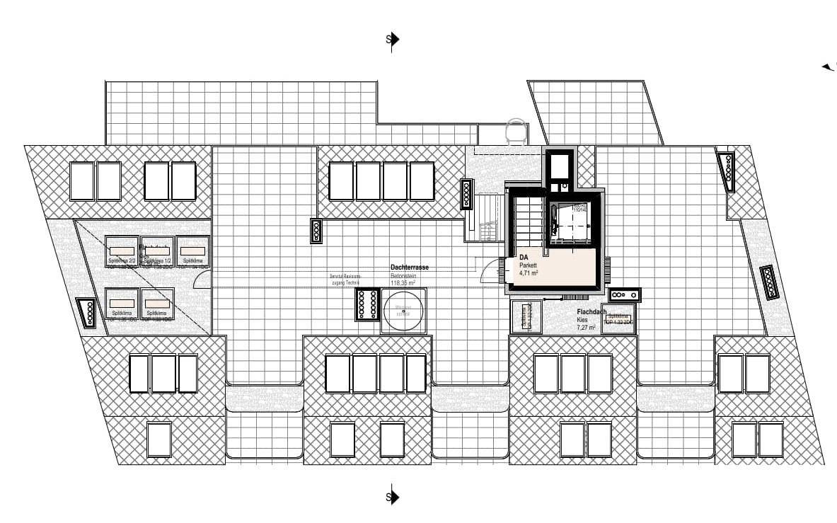 Grundriss der weitläufigen Dachterrasse und der Balkone einer großen Wohnung.