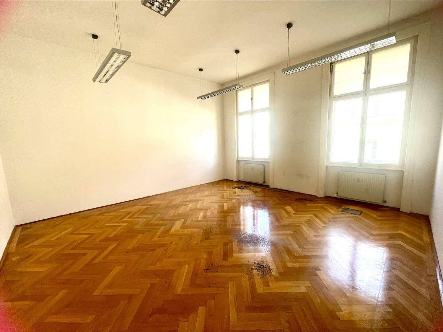 Leerer Büroraum mit glänzendem Fischgrätparkett, hohen Fenstern und schlichter Deckenbeleuchtung.